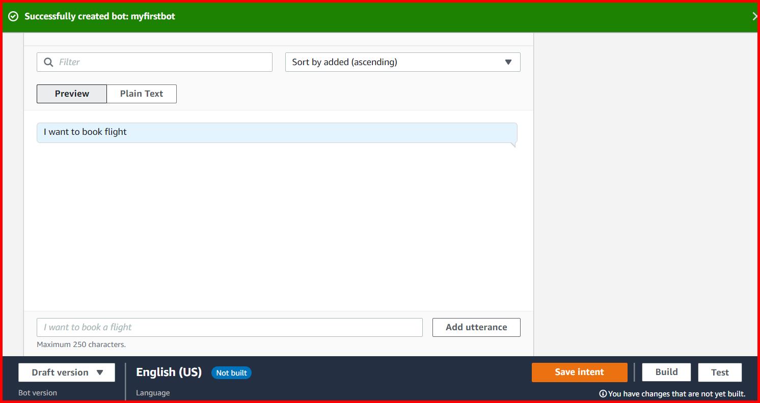 Picture showing the utterance added in AWS bot